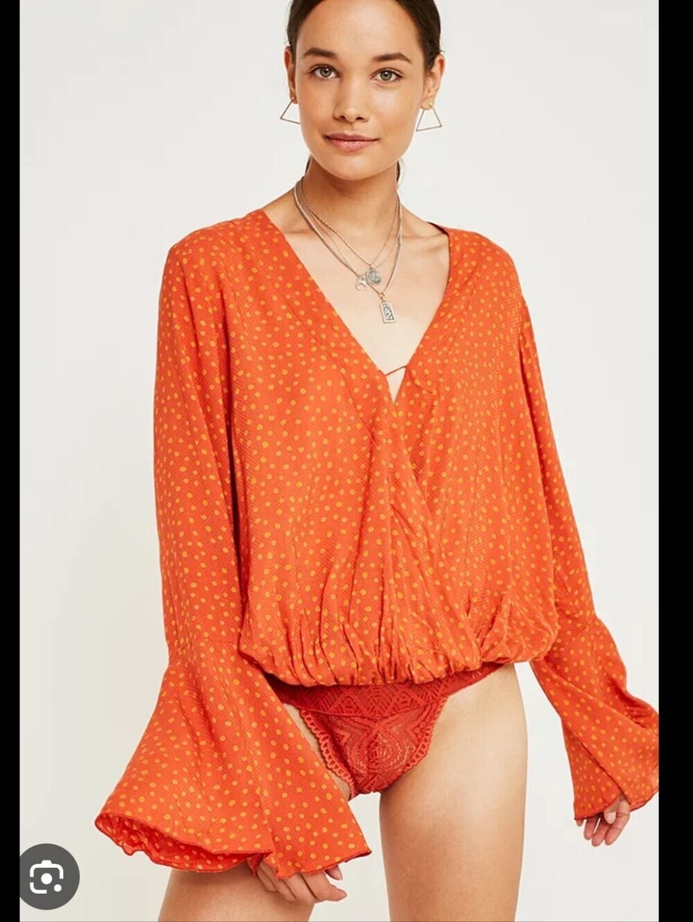 Free People Orange Polka Dot Surplice Bodysuit